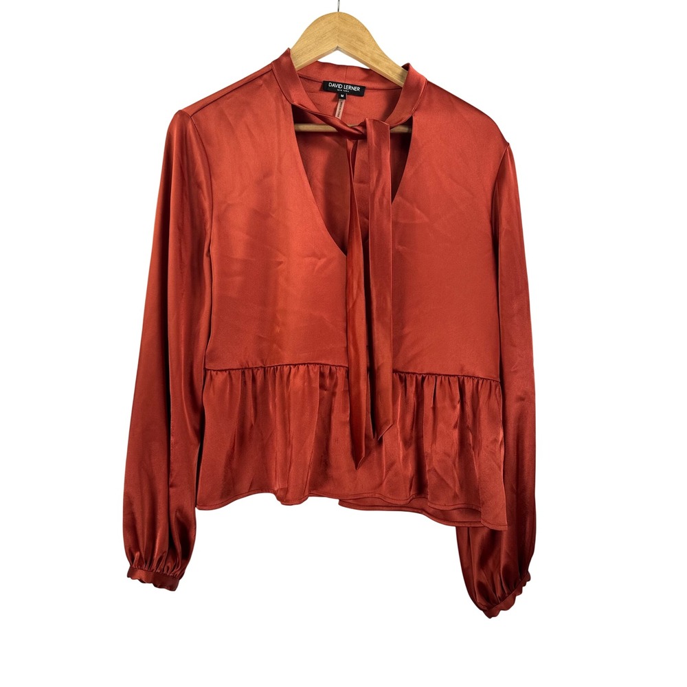 David Lerner Blouse sz M Rust Satin Tie Neck Peplum Cutout cocktail elegant